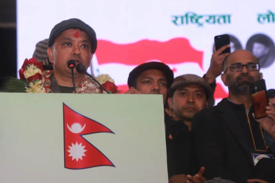 Gagan Thapa taking oath as President of the Nepali Congress after unopposed election at Bhrikuti Mandap, Kathmandu, Nepal