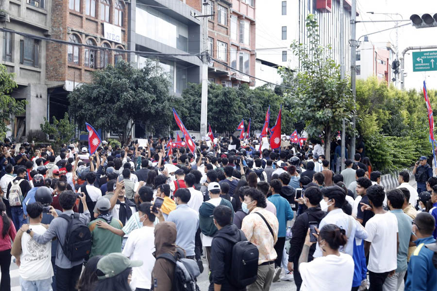 Large crowd of Gen Z protesters rallying against corruption and social media ban in Kathmandu.