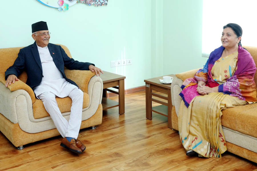KP Sharma Oli and Bidya Devi Bhandari hold a pivotal meeting at the UML party office in Chyasal, signaling a potential shift in Nepal’s political landscape.