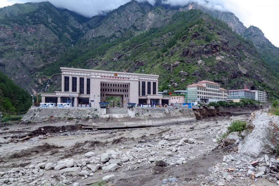 Aerial view of the Nepal-China border area in Rasuwa, where the flood-ravaged Bhotekoshi River surged following the sudden eruption of a supraglacial lake, halting major hydropower projects and destroying critical infrastructure.