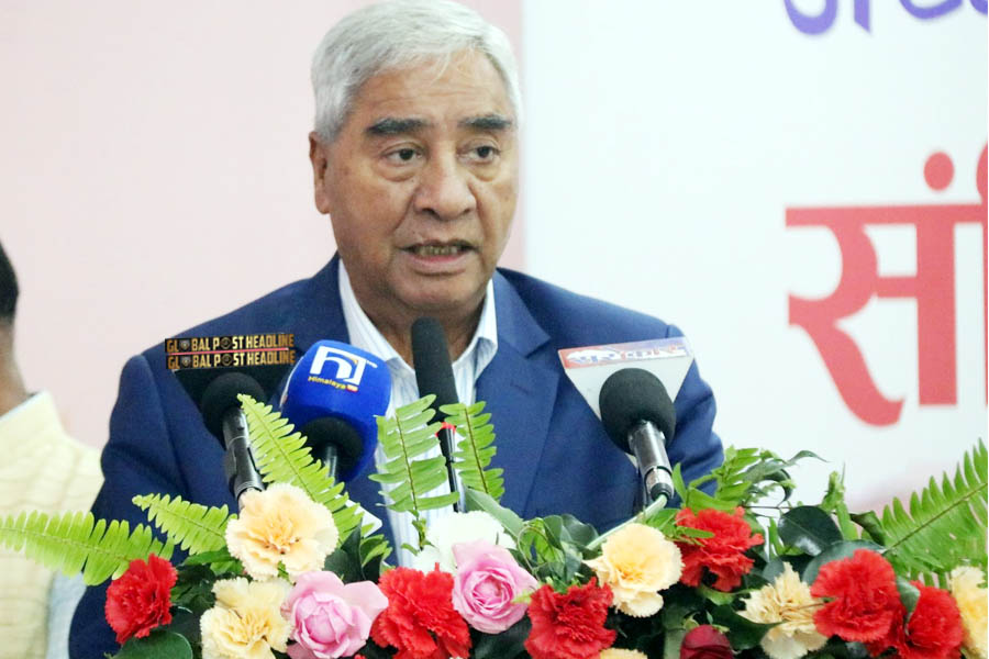 Nepali Congress President Sher Bahadur Deuba addresses a symposium in Kathmandu, emphasizing the need to amend Nepal’s constitution in line with evolving democratic and structural demands.