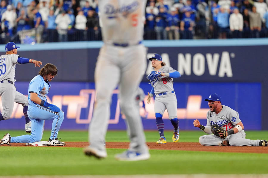 Addison Barger of the Toronto Blue Jays reacts after being forced out at second base to end Game 6 of the World Series against the Los Angeles Dodgers.