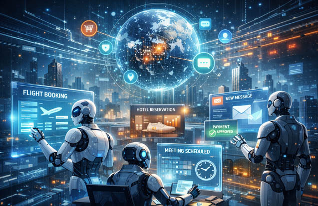 Illustration of AI agents navigating and operating the future internet