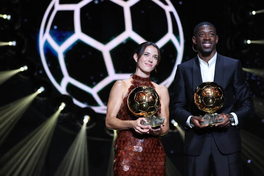 Aitana Bonmatí and Ousmane Dembélé pose as the main winners of the Ballon d’Or awards during a glamorous ceremony in Paris.