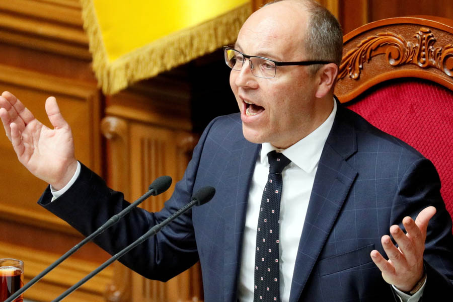 Andriy Parubiy speaking in the Ukrainian parliament in May 2019 before his assassination in Lviv, Ukraine.