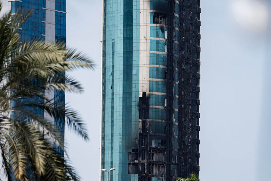 View of a damaged building in Seef, Manama, Bahrain, after an Iranian drone strike during the ongoing Middle East conflict.
