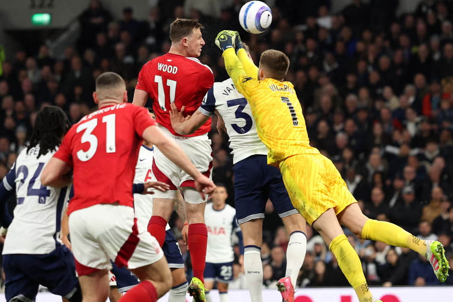 Chris Wood rises to score Nottingham Forest’s second goal.