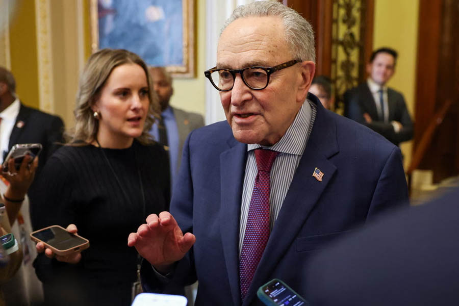 Chuck Schumer speaking to reporters on Capitol Hill about the removal of Homeland Security Secretary Kristi Noem and concerns about issues within the Department of Homeland Security.