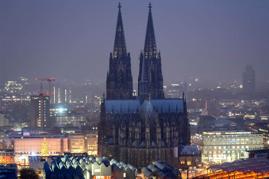 Cologne Cathedral in Germany, the world’s tallest twin-spired Gothic church towering above the Cologne city skyline.