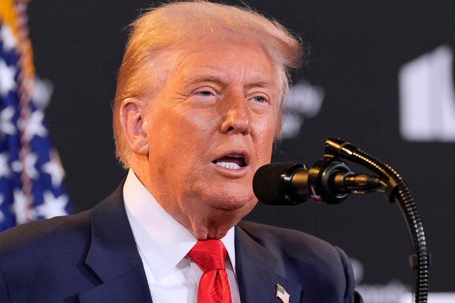 President Donald Trump addresses the audience at the Kennedy Center following his call with European leaders on the Ukraine ceasefire push.