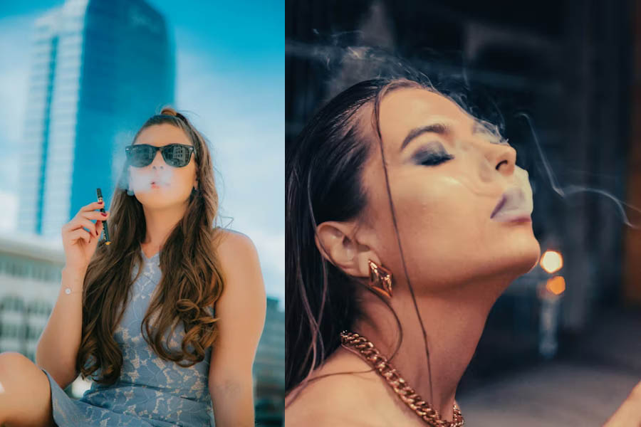 Teenage girls in Europe using cigarettes or e-cigarettes, highlighting WHO concerns about rising tobacco use and targeted marketing toward young people.