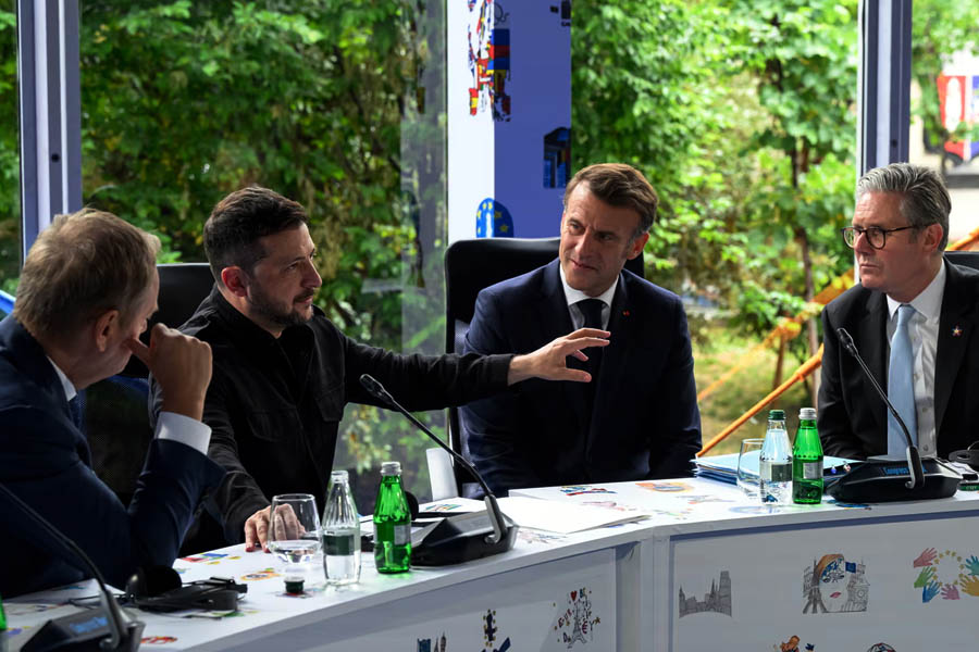 Poland’s Donald Tusk, Ukraine’s Volodymyr Zelenskyy, France’s Emmanuel Macron and the UK’s Keir Starmer at a Ukraine security meeting at the European Political Community summit in Tirana, Albania, on Friday.
