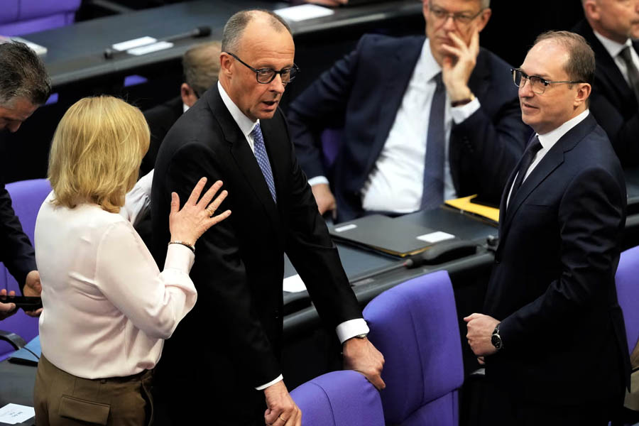 Friedrich Merz reacts after he was not elected new Chancellor in the first voting process at the parliament Bundestag in Berlin.