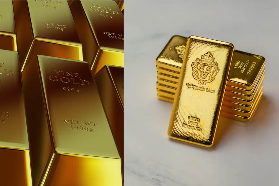 Record high gold prices 2025 with bars of gold stacked as investors seek safe haven amid US government shutdown and global economic turmoil.