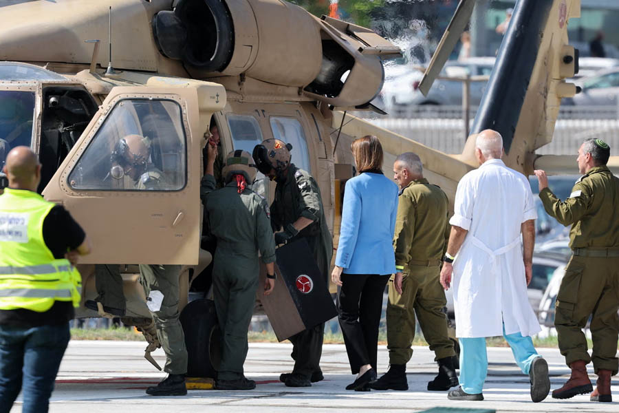 Helicopter transporting freed hostages landing at Rabin Medical Centre in Israel for medical and psychological rehabilitation.