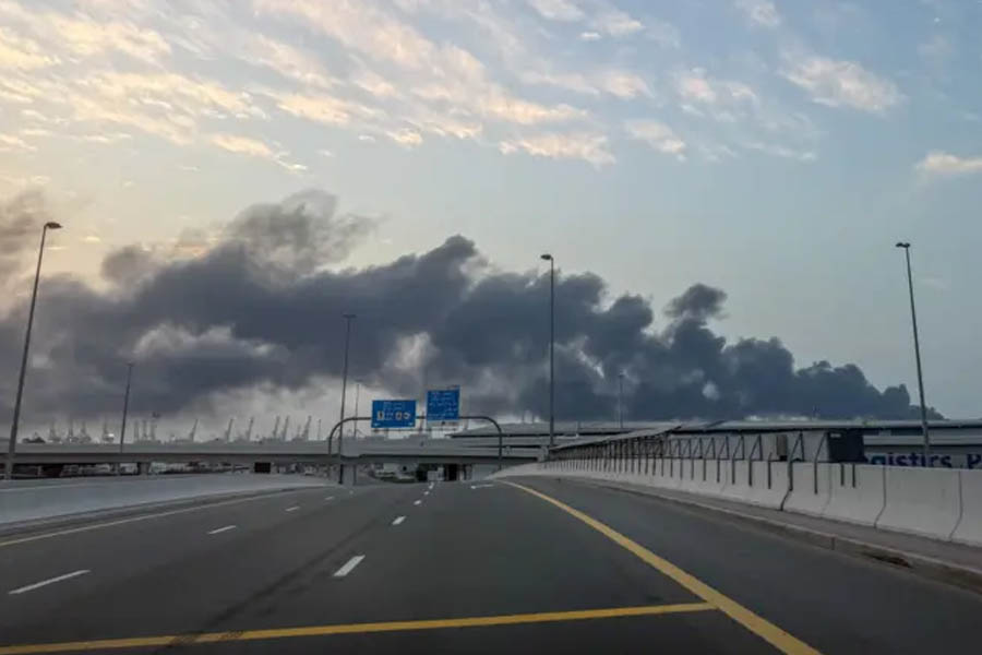View of shipping containers and infrastructure at Jebel Ali Port in Dubai, United Arab Emirates, after a reported strike during Iran’s second day of retaliatory attacks against the United States and Israel.