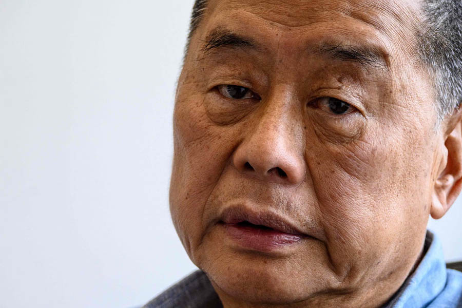 Jimmy Lai, aged 78, after being found guilty on all charges in a national security case in Hong Kong, potentially facing life imprisonment.