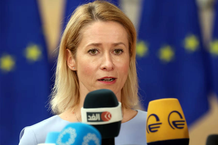 EU foreign chief Kaja Kallas briefs reporters in Brussels on the bloc’s stance toward Israel and the Gaza crisis