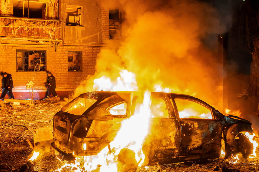 Ukrainian rescuers working at the scene of a Russian guided bomb attack on homes in Kramatorsk, eastern Ukraine, where at least two people were reported injured.