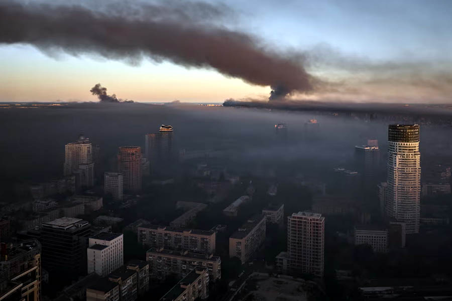 A towering plume of black smoke rises over Kyiv’s skyline following a massive Russian drone and missile barrage, marking one of the most intense attacks in recent weeks.