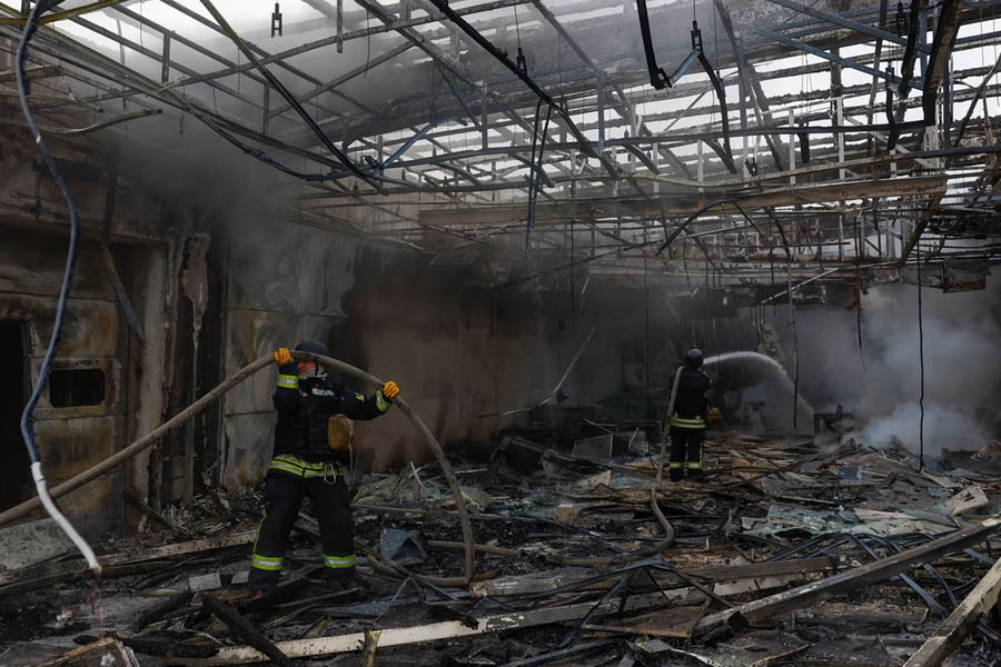 Aftermath of a Russian drone attack outside Kyiv.