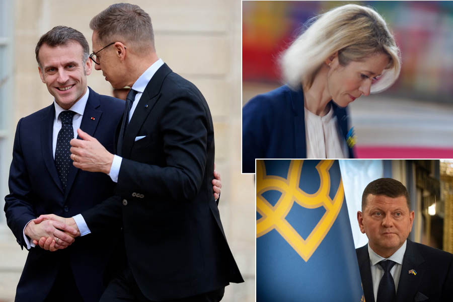 Composite image showing Kaja Kallas arriving at the EU Foreign Affairs Council in Brussels, Emmanuel Macron greeting Alexander Stubb at the Élysée Palace in Paris, and Valerii Zaluzhnyi speaking during an event in the United Kingdom.