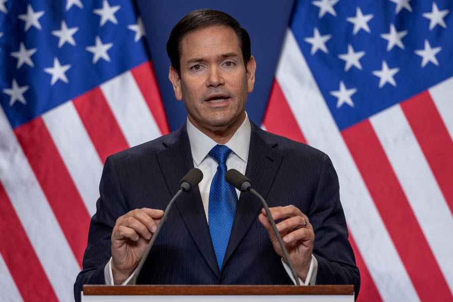 Marco Rubio addressing reporters at a joint press conference in Budapest, Hungary, on February 16.