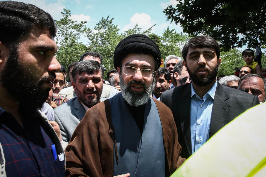 Portrait of Mojtaba Khamenei, widely reported as the leading candidate to replace his father as Iran’s next supreme leader amid ongoing political turmoil.