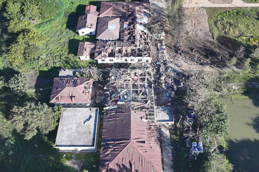 Damaged hospital buildings in Mrauk-U township, Rakhine state, Myanmar, reportedly struck by a military air attack on 11 December 2025.