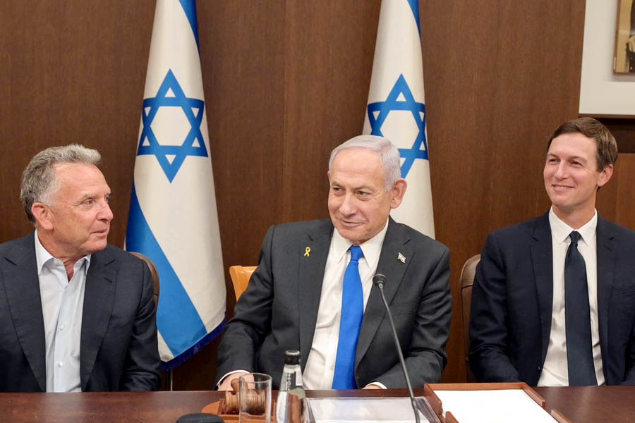 Benjamin Netanyahu with US envoy Steve Witkoff and Jared Kushner during a government meeting in Jerusalem discussing Israel-Middle East security and diplomatic relations.