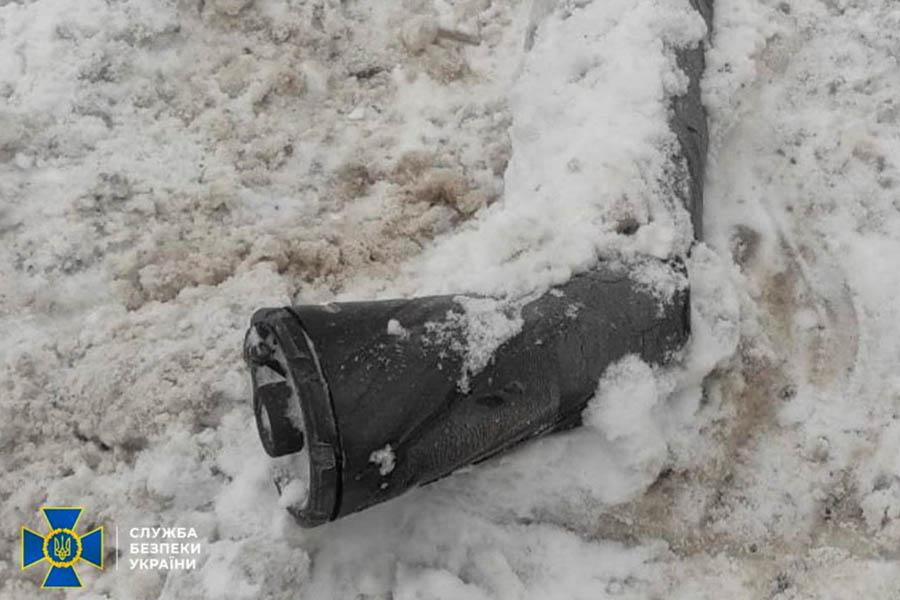 Piece of Oreshnik nuclear-capable ballistic missile embedded in snow in Lviv, Ukraine, following a strike described as a dangerous escalation.