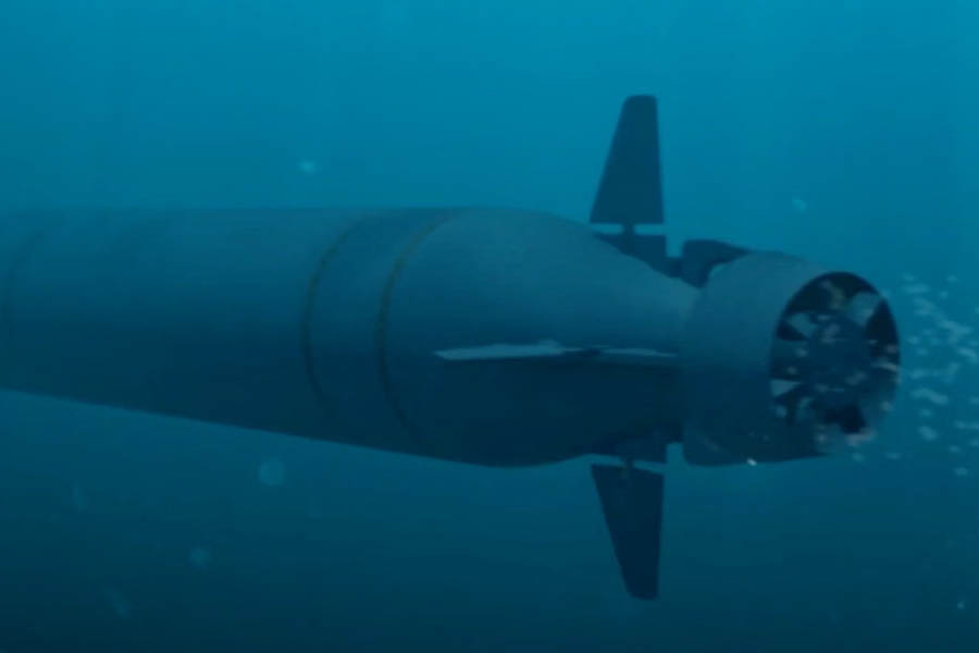 Animated image released by Russia’s Defence Ministry depicting the Poseidon nuclear-powered underwater torpedo-drone intended for large-scale radioactive tsunami attacks.