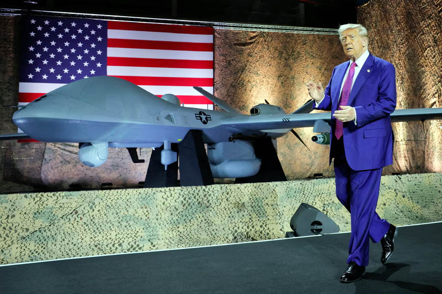 US president Donald Trump gestures during a visit to al-Udeid airbase in Doha, Qatar, on Thursday.