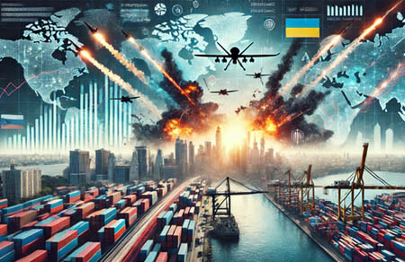 A dramatic depiction of the Russia-Ukraine conflict and global trade tensions.