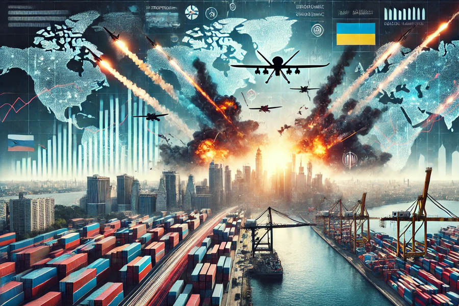 A dramatic depiction of the Russia-Ukraine conflict and global trade tensions.