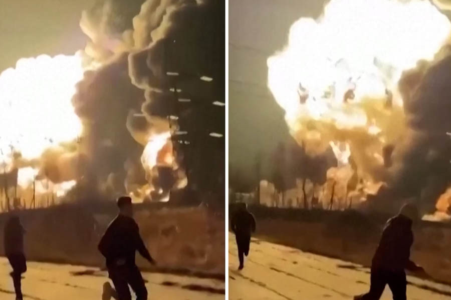 Large explosions and flames rising from the Ryazan oil refinery during an attack in January 2025.