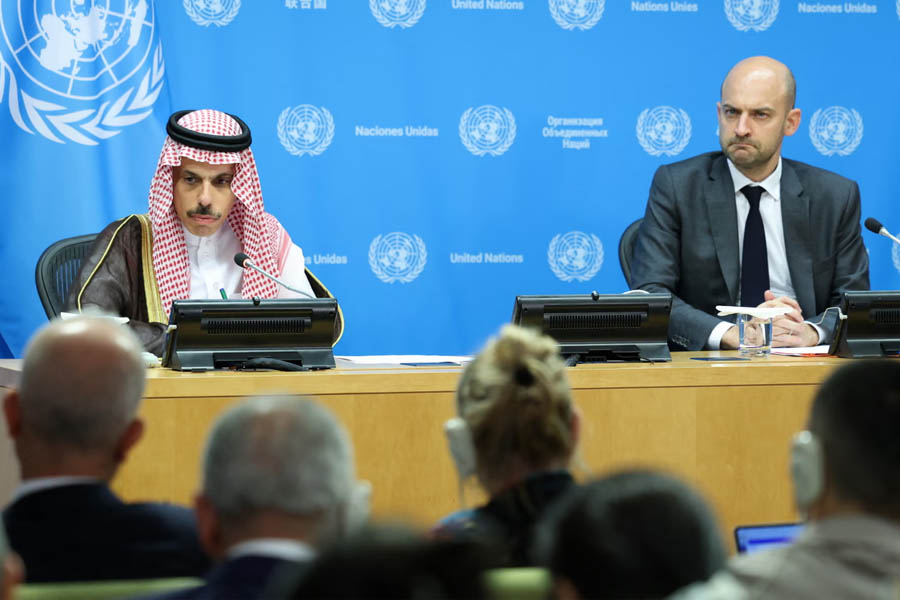 Saudi Arabia's Foreign Minister, Faisal bin Farhan Al Saud, and France's Foreign Minister, Jean-Noël Barrot, speak during a press conference at a United Nations conference in New York City on Monday.