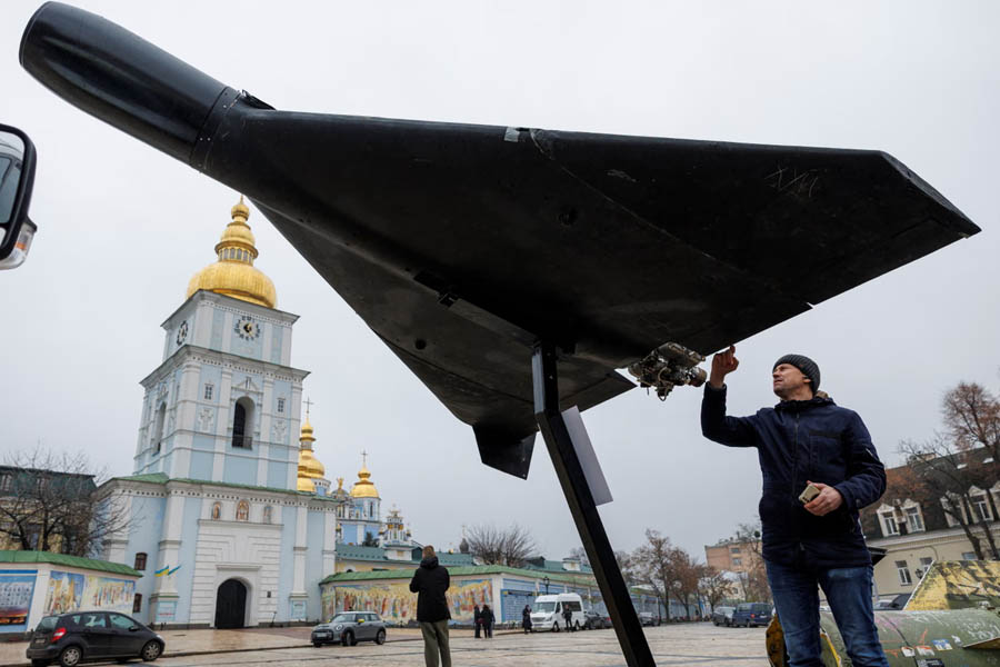 Russian-Iranian Shahed-136 drone displayed at an exhibition in Kyiv, Ukraine, demonstrating the drone technology targeted by Ukraine’s air defence interception systems.