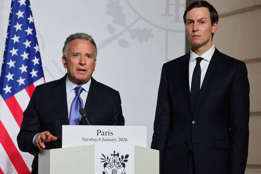 US Special Envoy Steve Witkoff with Jared Kushner in Paris at the signing of a declaration on deploying a post-ceasefire force to support Ukraine.