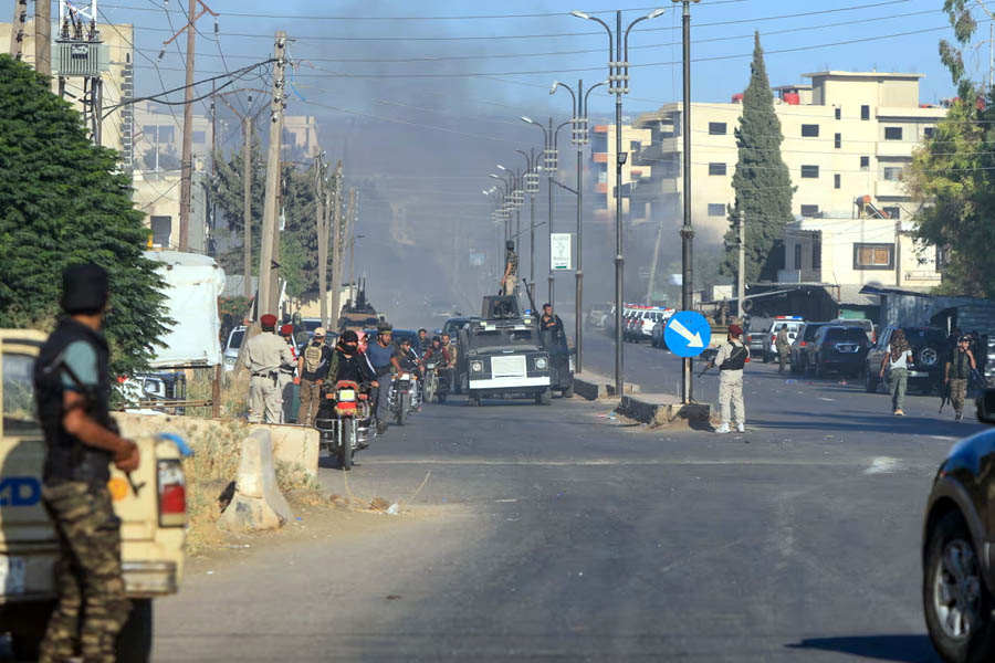 Syrian security forces deployed between Mazraa and Walga near Druze-majority Sweida, where deadly clashes erupted after a Druze vegetable seller was kidnapped by a Bedouin tribe.