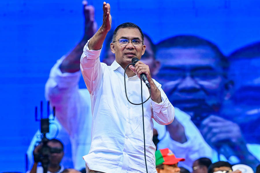 Tarique Rahman speaking to a large crowd of Bangladesh Nationalist Party supporters at a campaign rally on the last day before national elections in Bangladesh.