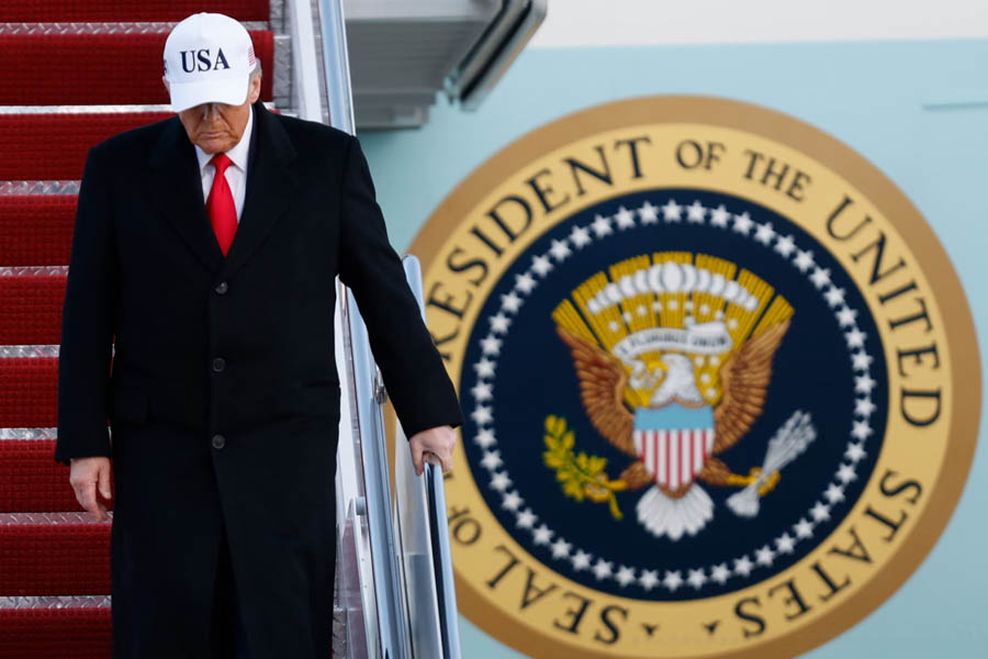 Donald Trump speaking publicly as Denmark’s defence minister comments on his social media statements regarding Greenland and shifting global political norms.