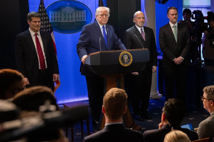 Donald Trump addresses reporters at the White House on February 20 after the Supreme Court ruled against his global tariff policy, with two conservative justices he appointed voting against the administration.