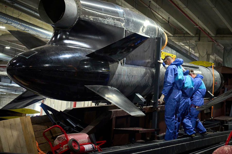 Flamingo cruise missile being readied by Ukrainian workers at Fire Point, unveiled by President Zelenskyy as a long-range weapon capable of striking 3,000km targets during the Russia-Ukraine war.