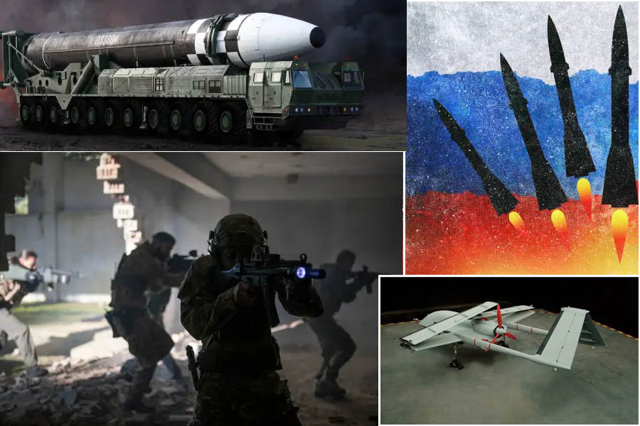 Dramatic geopolitical tensions between Ukraine and Russia with symbols of conflict, diplomacy, and military strategy