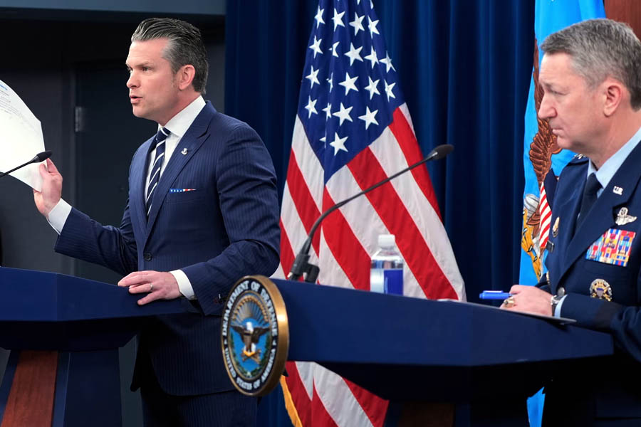 US Defense Secretary Pete Hegseth and General Dan Caine brief the press at the Pentagon on Sunday morning following overnight airstrikes on Iranian nuclear sites.