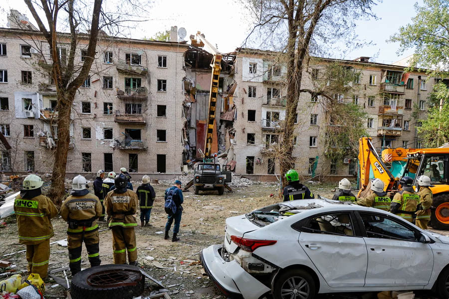 A multistory residential building in Luhansk, Russian-controlled Ukraine, heavily damaged by shelling reportedly from US-supplied ATACMS missiles.