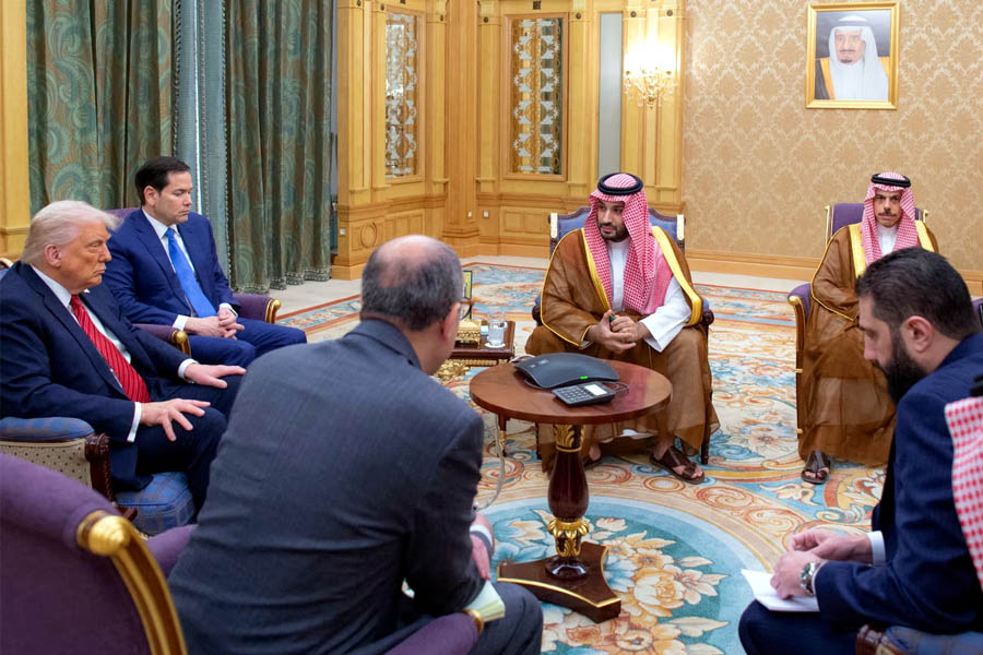 Donald Trump with US secretary of state Marco Rubio, Syria's interim president Ahmed al-Sharaa, Saudi crown prince Mohammed bin Salman and Saudi foreign minister Faisal bin Farhan in Riyadh.
