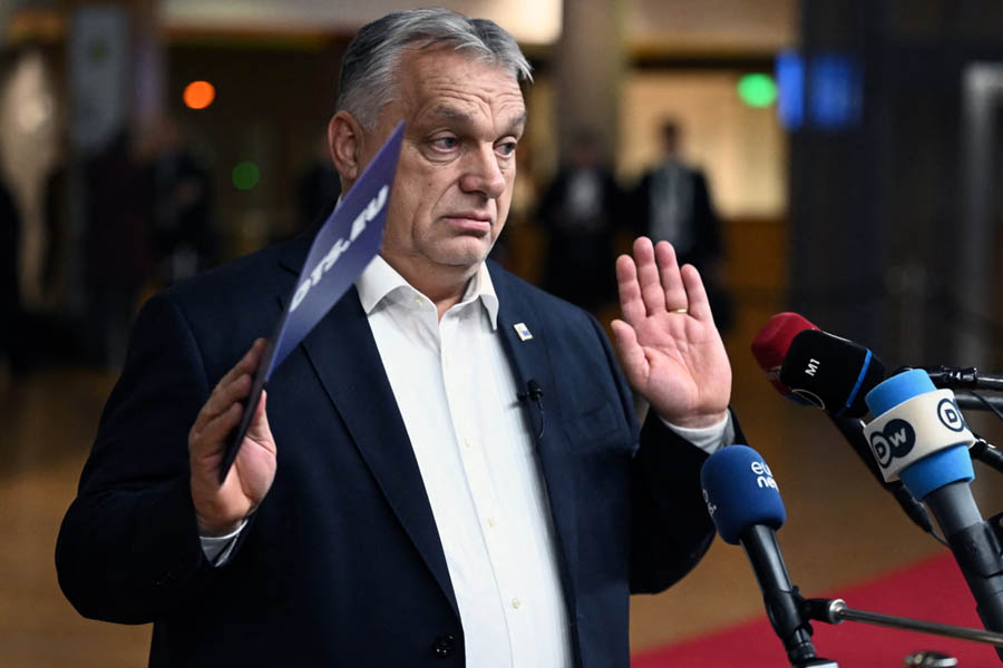 Viktor Orbán speaking at the European Council press conference in Brussels after discussions on the EU loan to Ukraine.