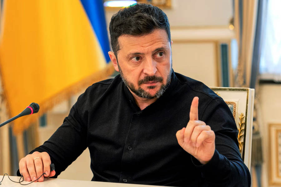 Ukraine's president Volodymyr Zelensky speaks to the media during a press briefing in Kyiv.